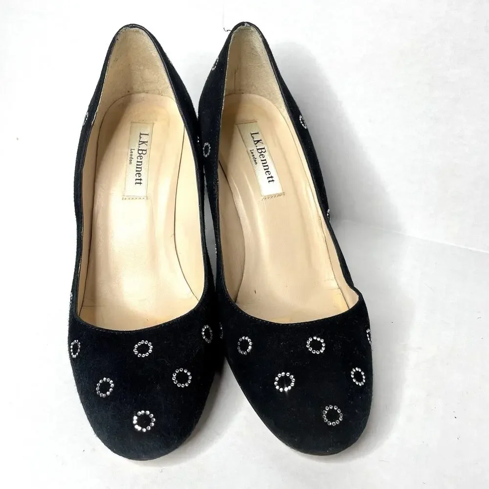 Black Suede Block Heel Pumps Size 6.5 |‎ Retro Mod Polka Dot Party Shoes Sparkly
